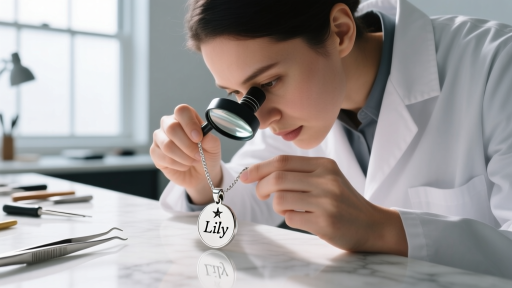A jeweler using a loupe to inspect the 925 hallmark stamp on the clasp of a small personalized silver name pendant for a child