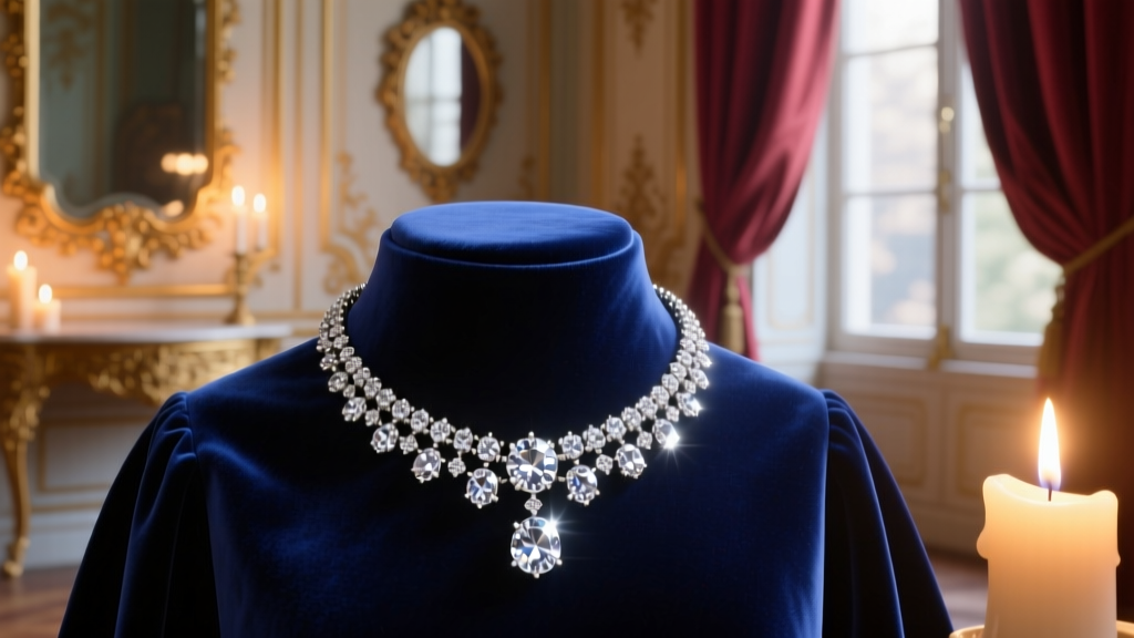 19th-century diamond rivière necklace resting on dark blue velvet, lit by soft warm candlelight in a vintage Parisian room.