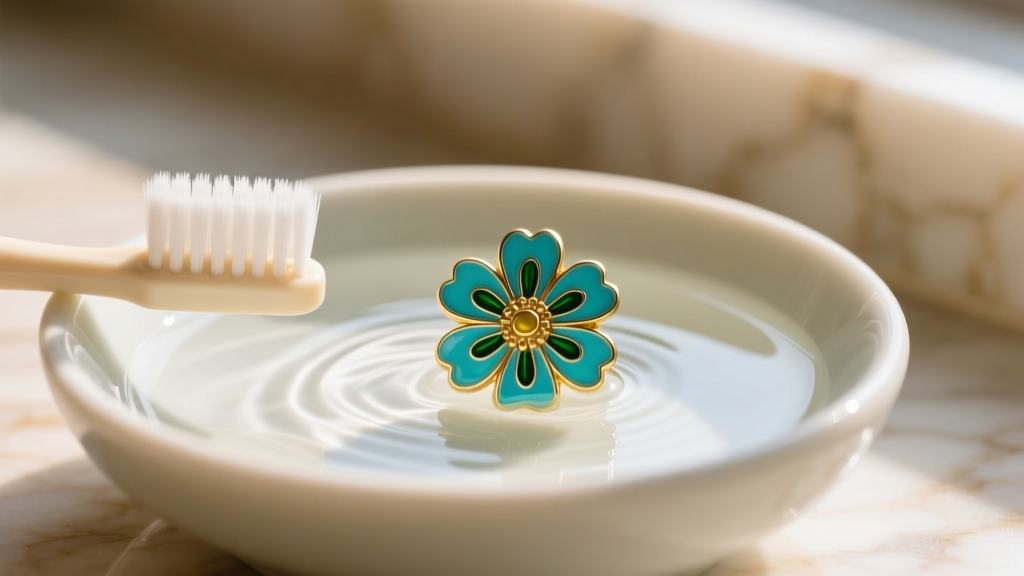 Close-up of a soft baby toothbrush gently cleaning a vintage cloisonné enamel daisy earring in a shallow bowl of distilled water.