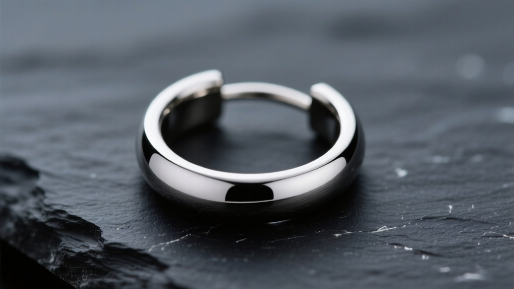 Macro shot of a titanium seamless circular earring on dark slate showing mirror polish and 16-gauge thickness under soft lighting
