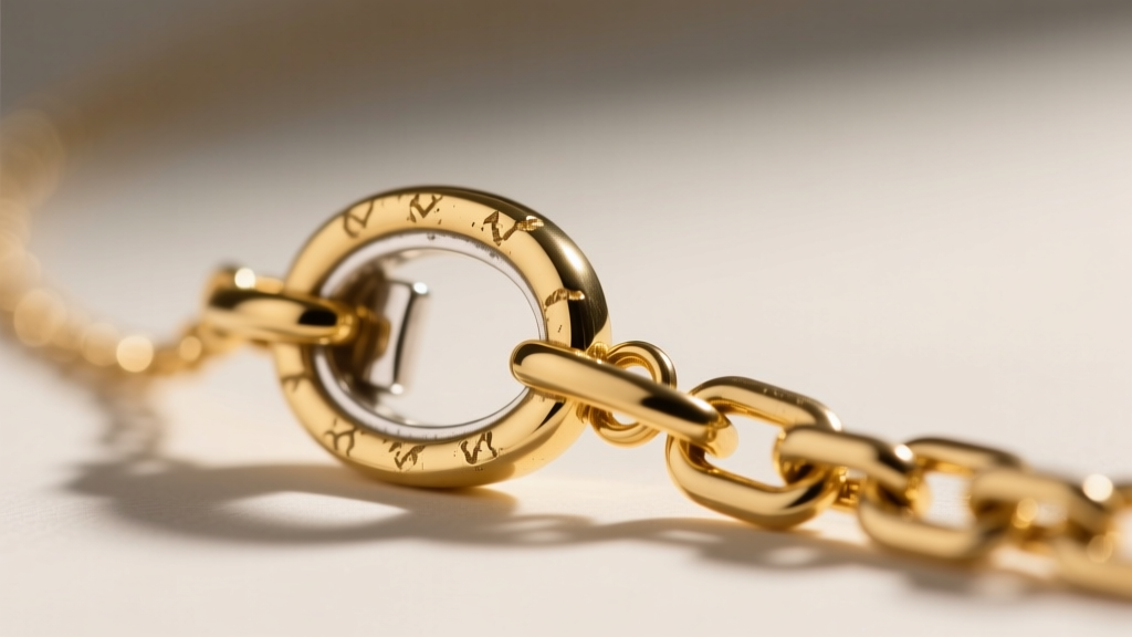 Macro shot of a gold vermeil necklace clasp and chain links, showing slight wear on the plating to reveal the sterling silver base.