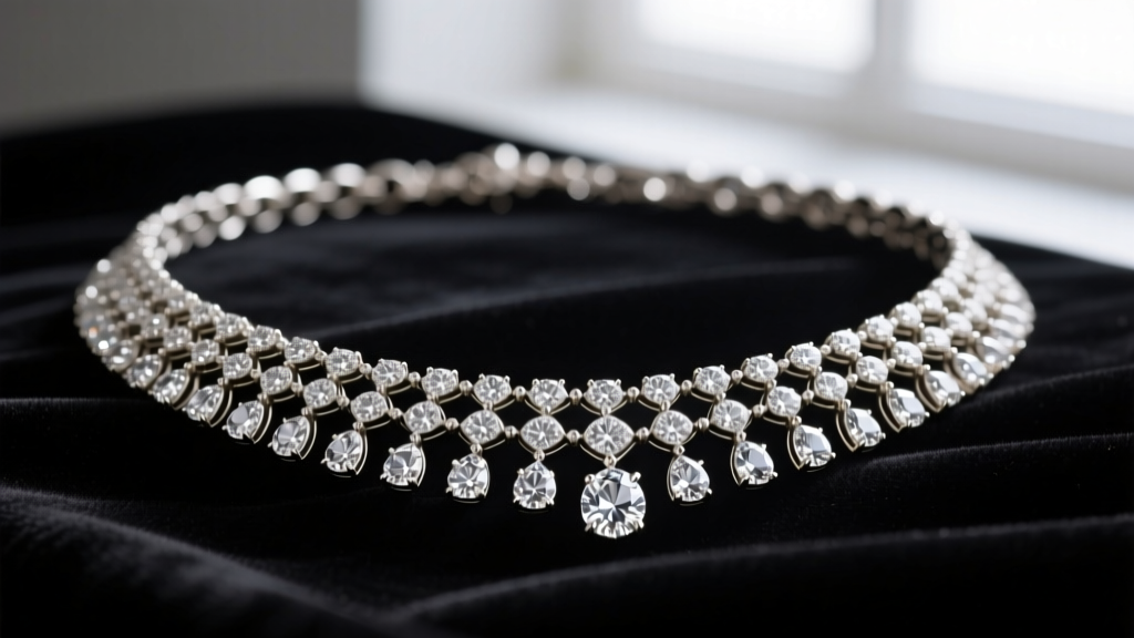 Close-up of a Napoleon diamond necklace replica on dark velvet, showing intricate festoon links and brilliant-cut lab stones.
