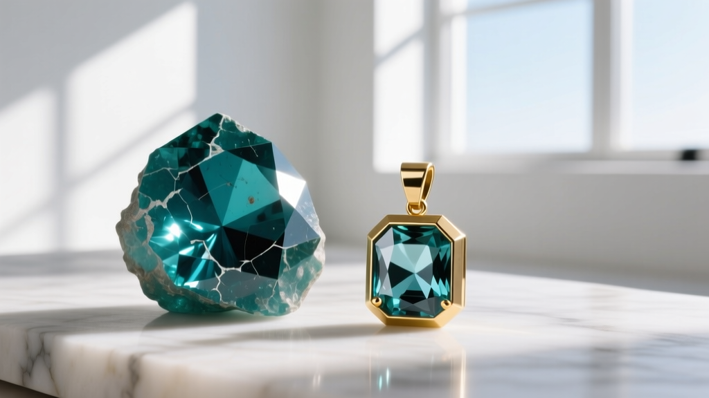 Macro shot of a raw teal Montana sapphire beside a 14k recycled gold pendant setting in a bright, sunlit American jewelry studio.