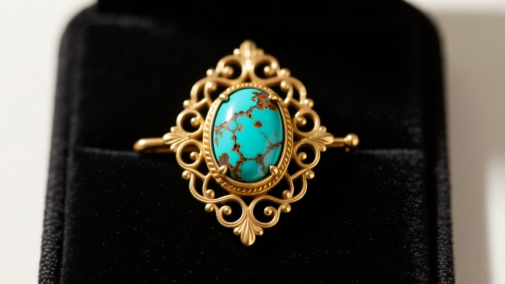 Tarnished Victorian 9k gold brooch with porous turquoise cabochon on dark velvet conservation mat under warm studio light