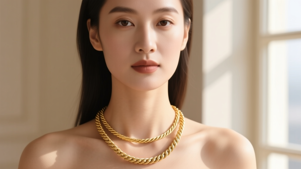 Close-up of a woman wearing a layered necklace double strand featuring a delicate 14k gold cable chain and a thicker rope chain