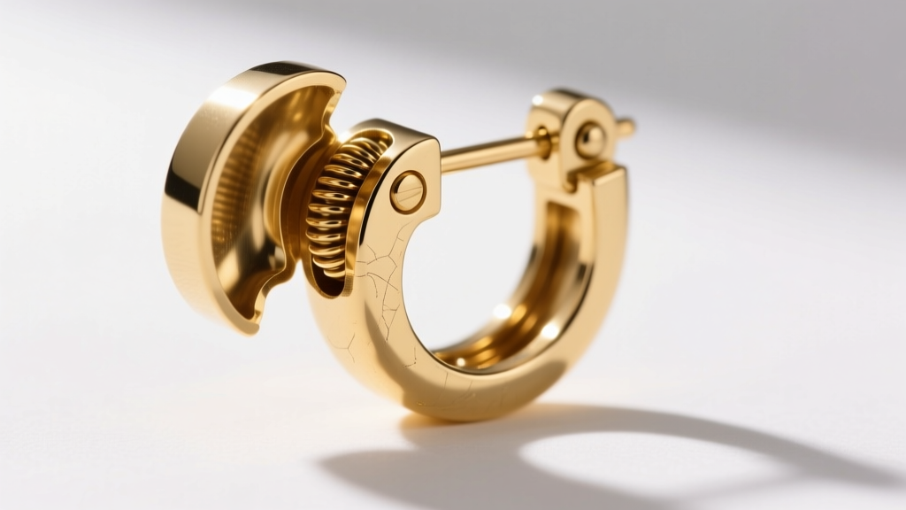 Extreme close-up of a French leverback earring closure mechanism in polished 18k gold, showing the secure hinged latch open