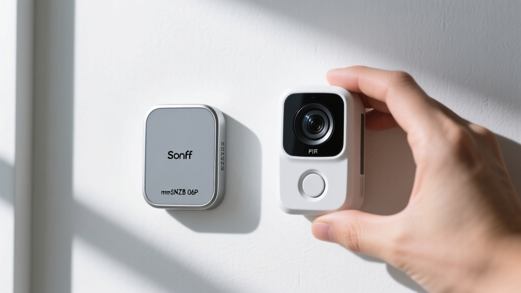 Hand holding Sonoff SNZB-06P mmWave presence sensor next to standard PIR motion sensor showing size difference against white drywall