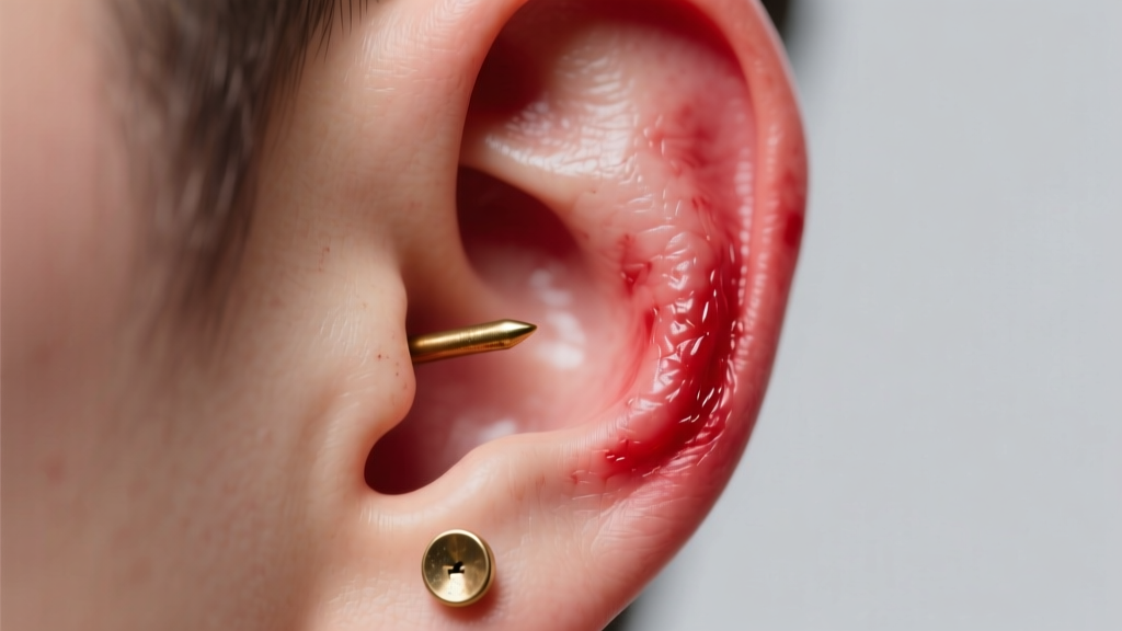 Close-up of an inflamed earlobe wearing a cheap brass stud, showing redness and mild swelling under bright, soft clinical lighting.