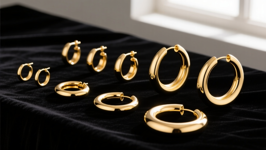 Jewelry display showing various solid gold hoop earrings ranging from 10mm huggies to 60mm large hoops on dark velvet