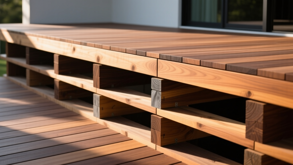 Cross-section of multi-level wooden deck showing pressure-treated joists and thick ipe hardwood decking boards in sunlight