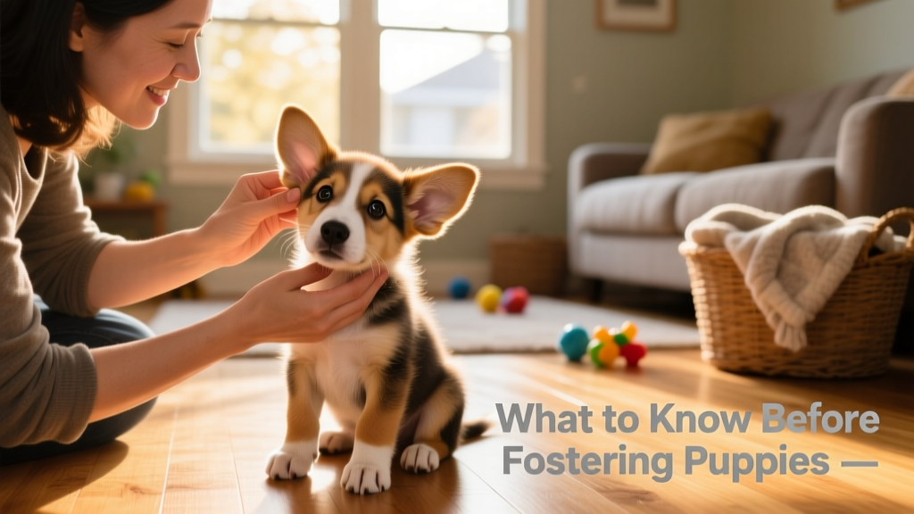 A foster parent checking a playful 10-week-old puppy’s ears and coat during a gentle wellness check