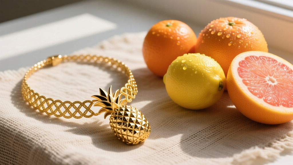 Solid 14k gold pineapple necklace on textured linen beside fresh citrus, bathed in soft, warm natural window light