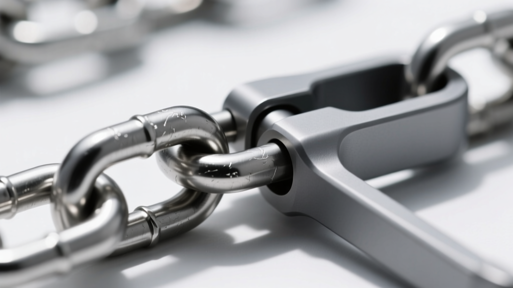 Close-up of a Grade 5 titanium chain link connecting to a matte grey niobium clasp, highlighting a seamless multi-metal transition
