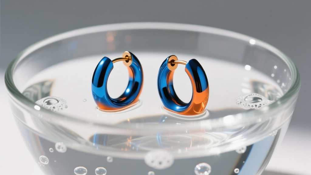 Blue and orange anodized titanium huggie earrings submerged in a glass bowl of pH-neutral soapy water for gentle cleaning