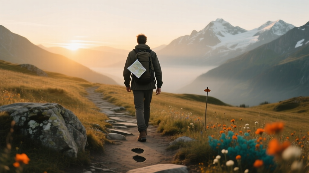 A traveler walking into the sunset on a hiking trail overseas