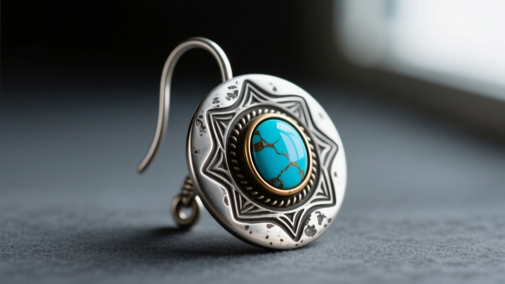 Macro shot of a 14-gauge oxidized silver ear wire holding a heavy turquoise western concho earring against a dark grey backdrop.