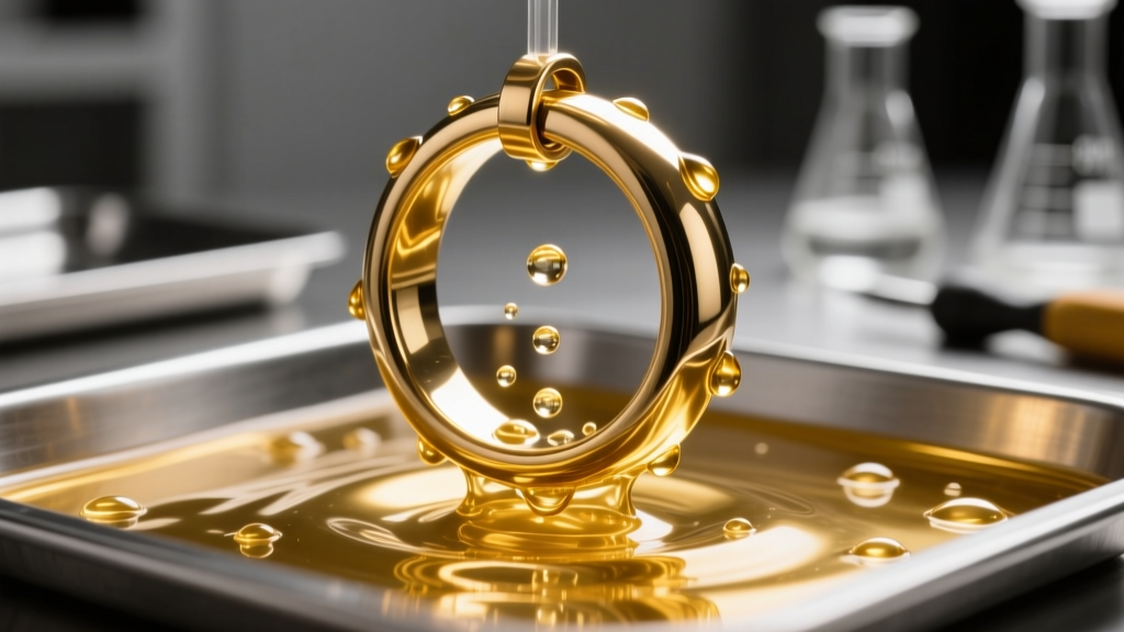 Macro shot of a brass ring submerged in a gold electroplating bath, tiny bubbles forming under bright laboratory lighting.