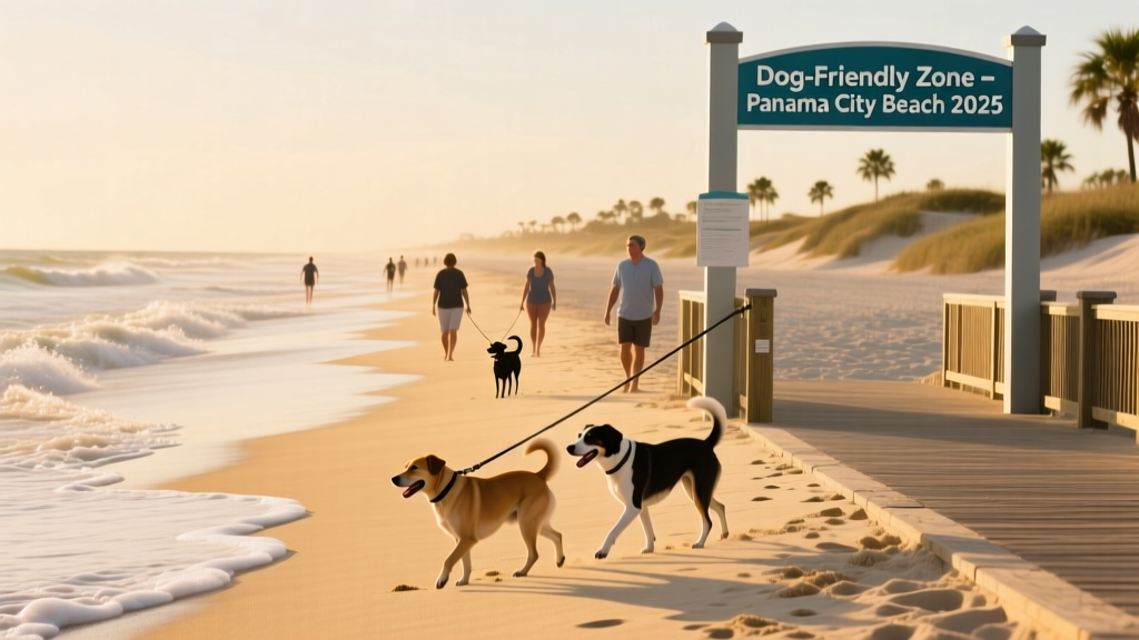 A sunny, sandy stretch of Panama City Beach with a few leashed dogs walking along the water’s edge and signage indicating a dog-friendly zone