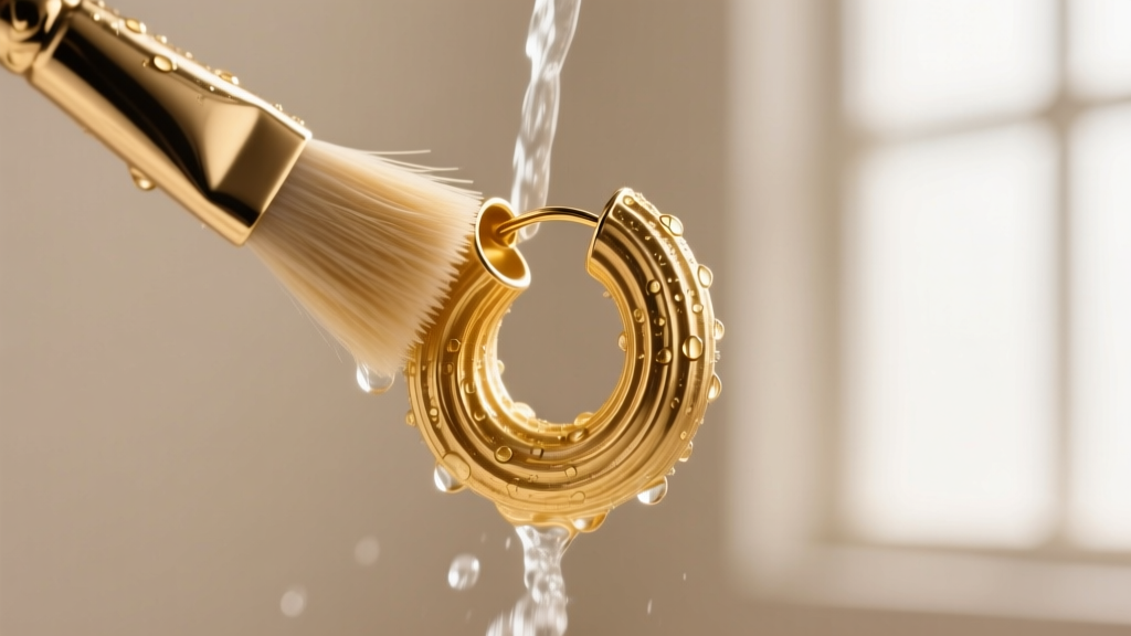 A soft-bristled brush gently scrubbing the inside grooves of a textured 14k gold rigatoni tube earring under warm running water.