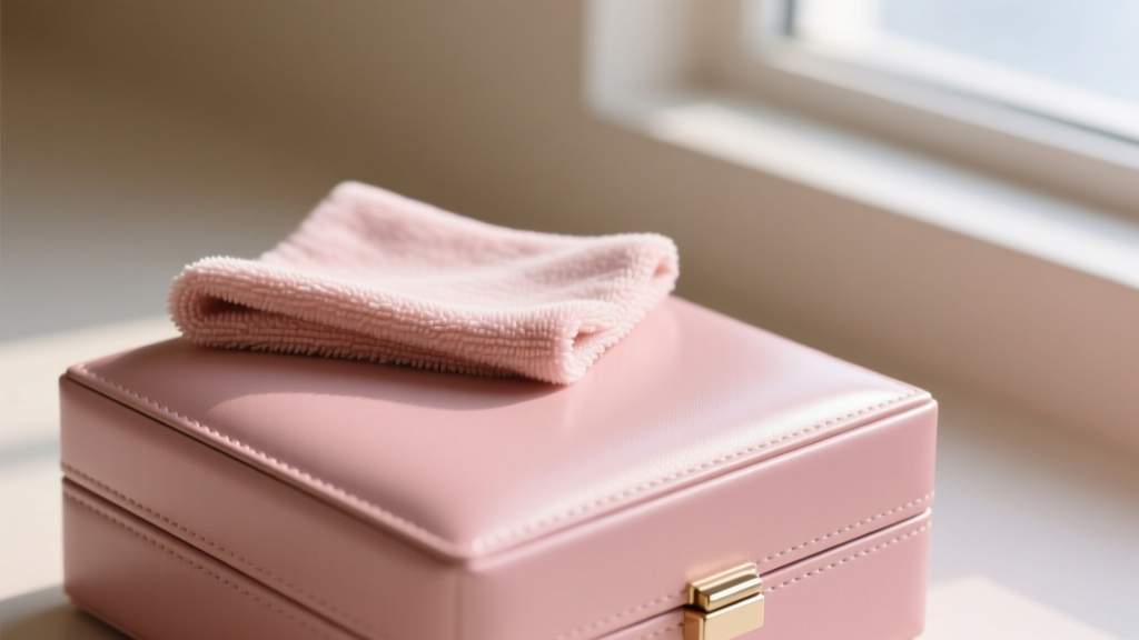 Microfiber cloth wiping the polyurethane leather exterior of a blush pink jewelry box, revealing a clean, streak-free matte finish