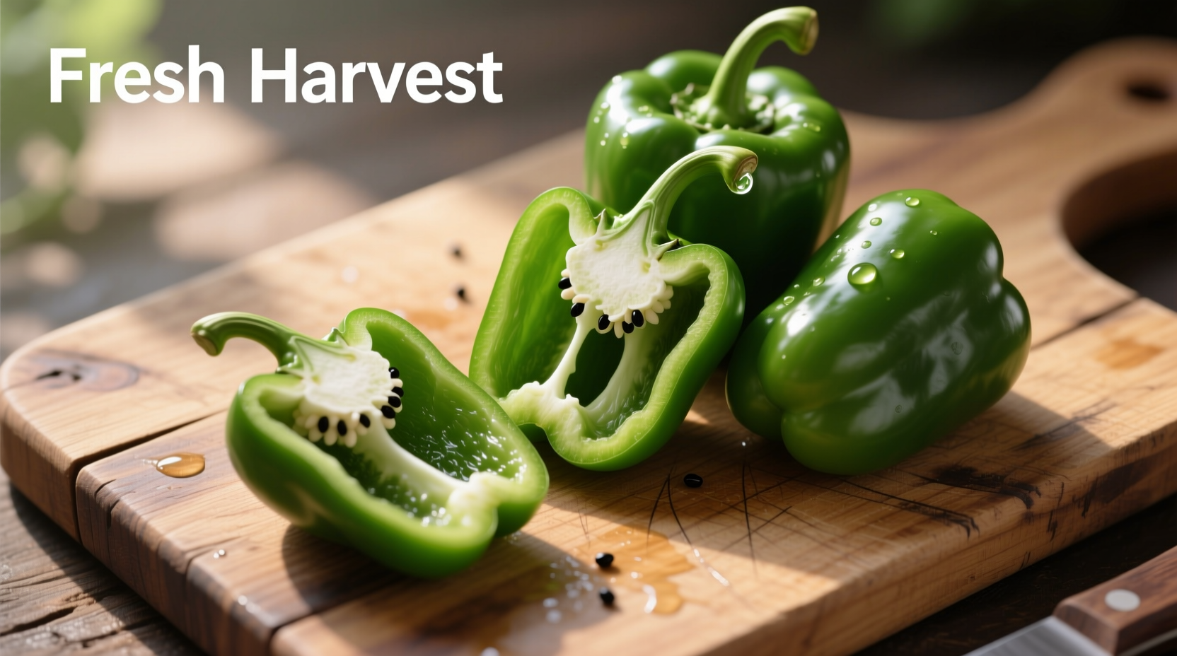 Fresh green bell peppers on wooden cutting board