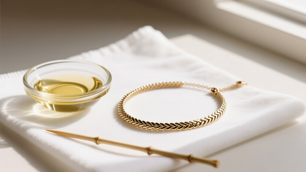 Small glass dish of baby oil and a bamboo skewer next to an untangled 14k white gold herringbone necklace on a microfiber cloth.