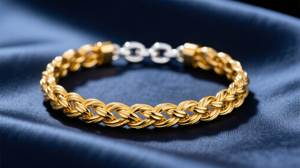 Close-up macro shot of a textured 14k yellow gold braided bracelet intertwined with a white gold chain on silk fabric