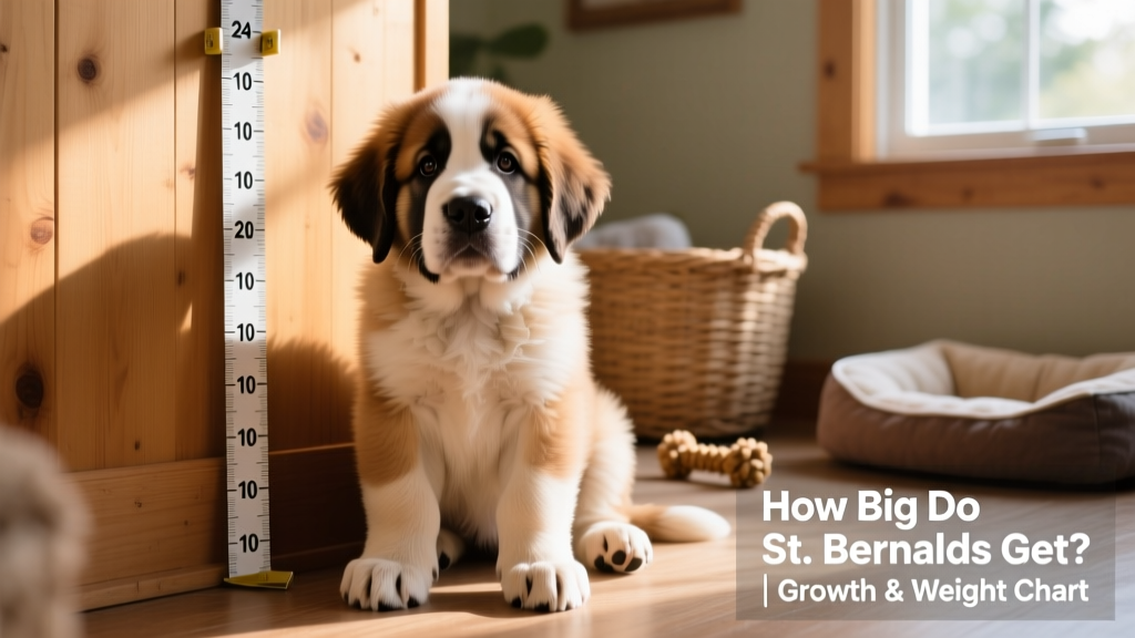 A young St. Bernard puppy sitting beside a measuring tape, showing early-stage growth