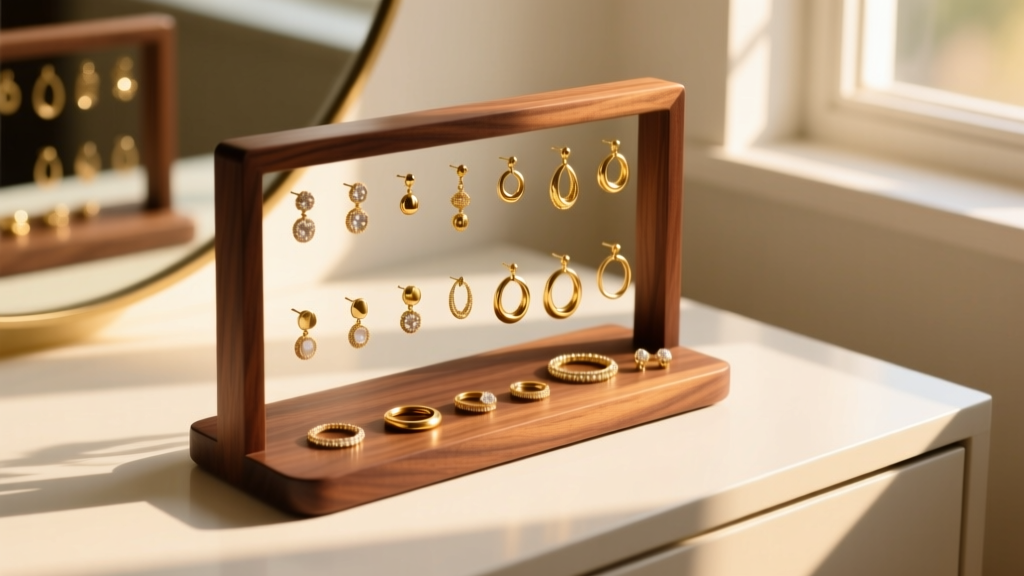 Elegant wooden earring holder frame on a vanity displaying various gold studs and small hoops under warm morning sunlight.