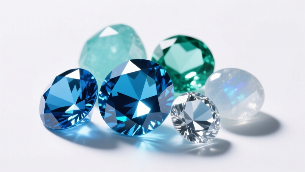 Faceted blue topaz, aquamarine, and moonstone showing light refraction and oceanic colors against a clean white background.
