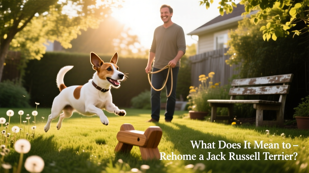A happy Jack Russell Terrier playing in a sunlit backyard with a gentle owner nearby