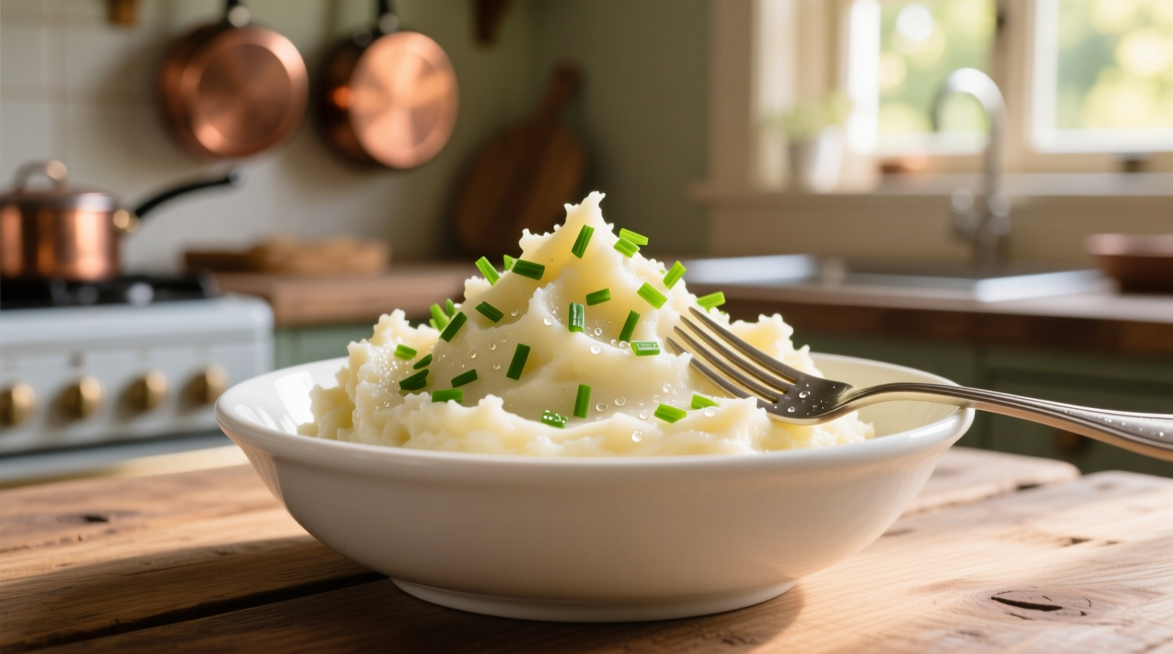 Creamy mashed potatoes with chive garnish in white bowl