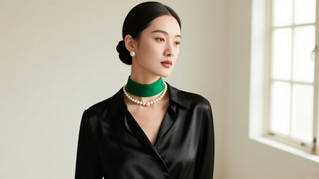 Elegant woman wearing a vintage-inspired emerald and pearl choker necklace over a black silk blouse, soft studio lighting.