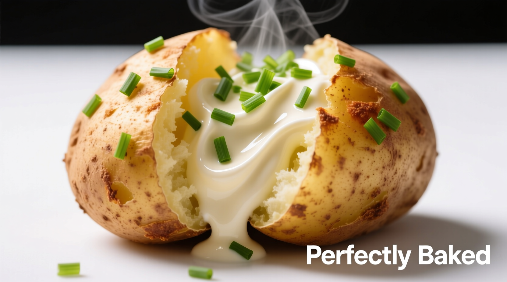 Perfectly baked potato with melted sour cream and fresh chives