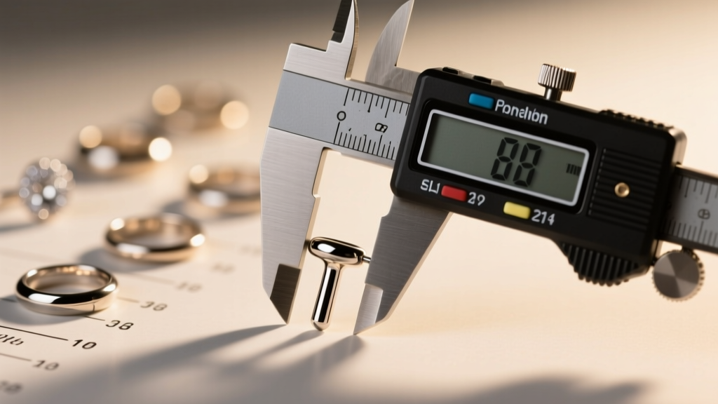 Digital calipers measuring a titanium labret post against a blurred earring gauge chart background under soft, warm studio lighting