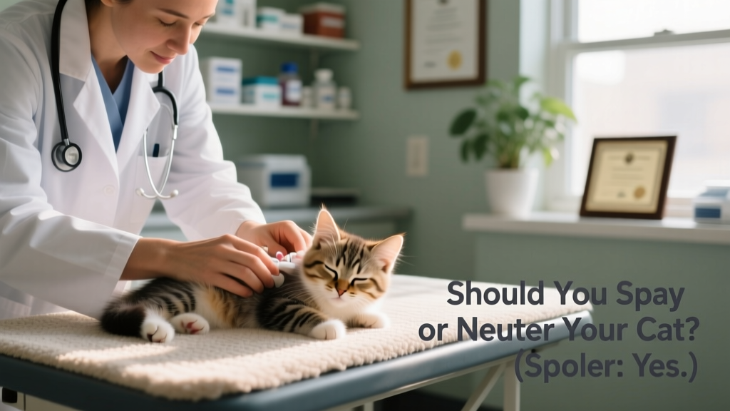 A veterinarian gently examining a relaxed, post-operative kitten during a follow-up checkup