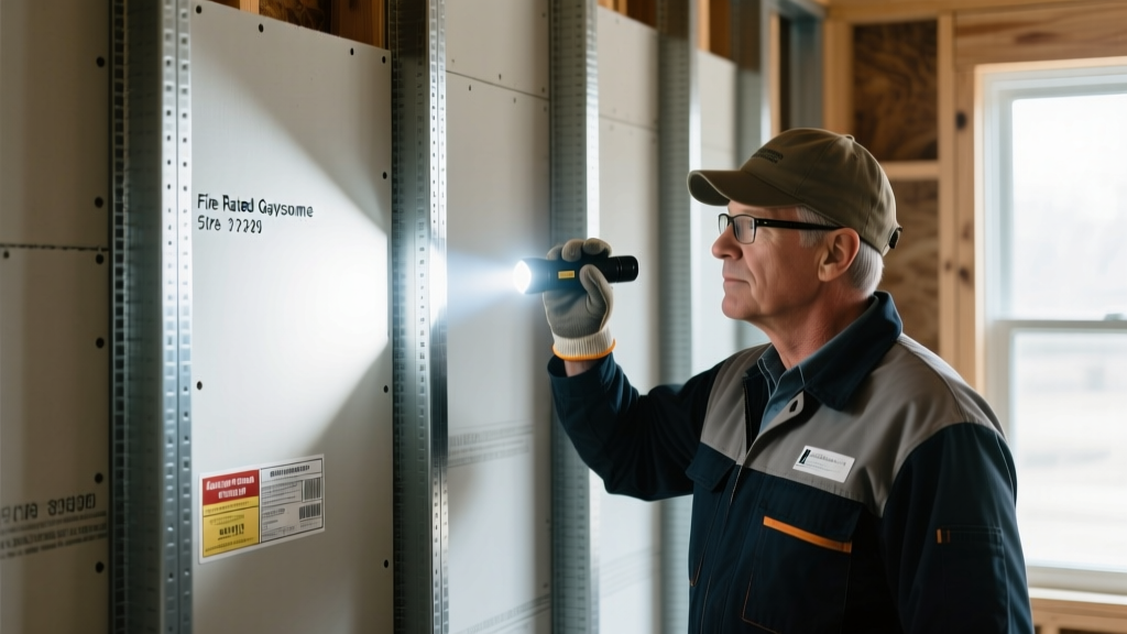 Building inspector using a flashlight to examine the edge stamp of a fire-rated gypsum board panel framed in steel studs.
