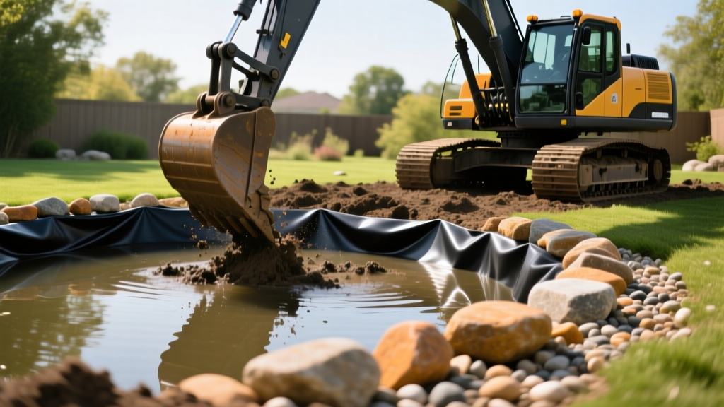 Heavy excavator digging a large backyard koi pond with stacked natural stone edging and a black EPDM rubber liner partially visible