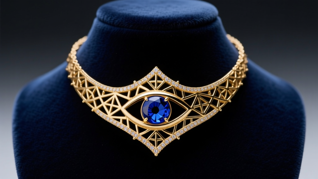 Close-up of a 14k gold blue evil eye necklace with a sapphire center, resting on a dark velvet bust in moody studio lighting