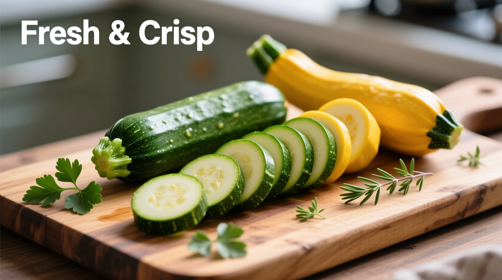 Fresh zucchini and yellow squash arranged on cutting board