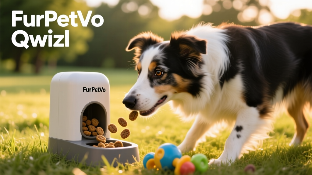 A border collie intently working a FurPetVo Qwizl dispenser on grass, with treats visibly emerging from the opening
