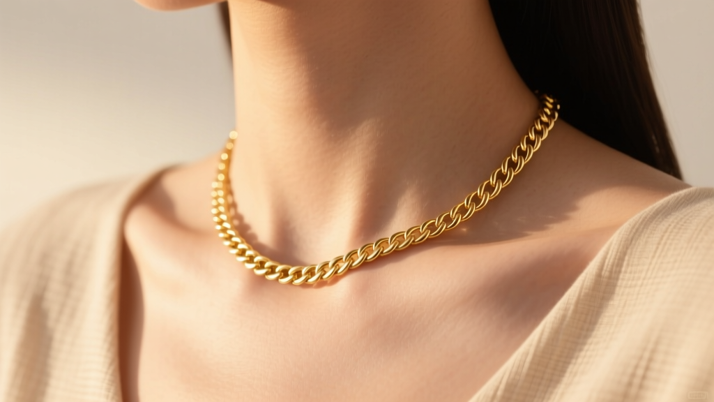 Close-up of a collarbone wearing a 2mm 18k solid gold herringbone chain catching golden hour sunlight against a beige linen top