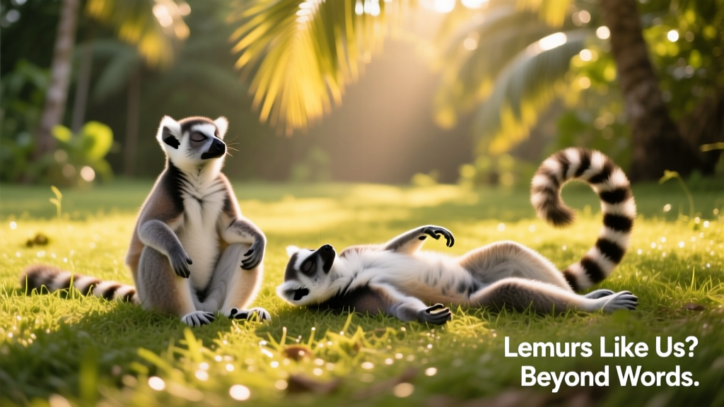 Two lemurs relaxing on sun-dappled grass—one sitting upright, the other lying on its back with arms spread