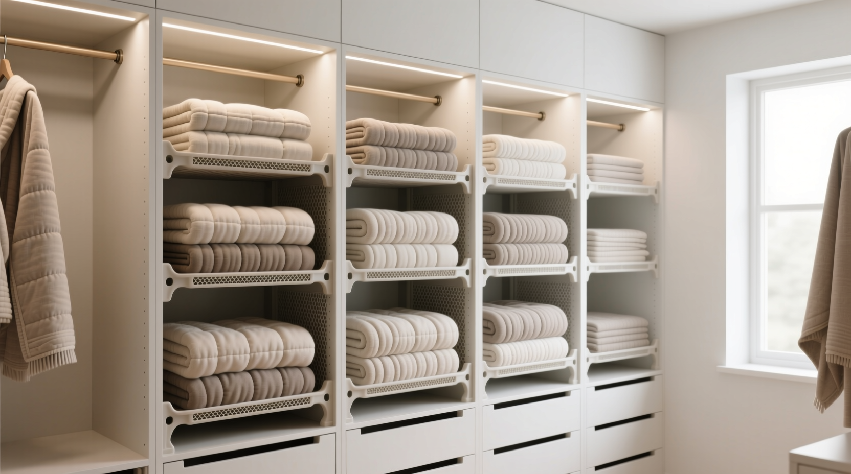 weighted blanket storage in closet cubbies