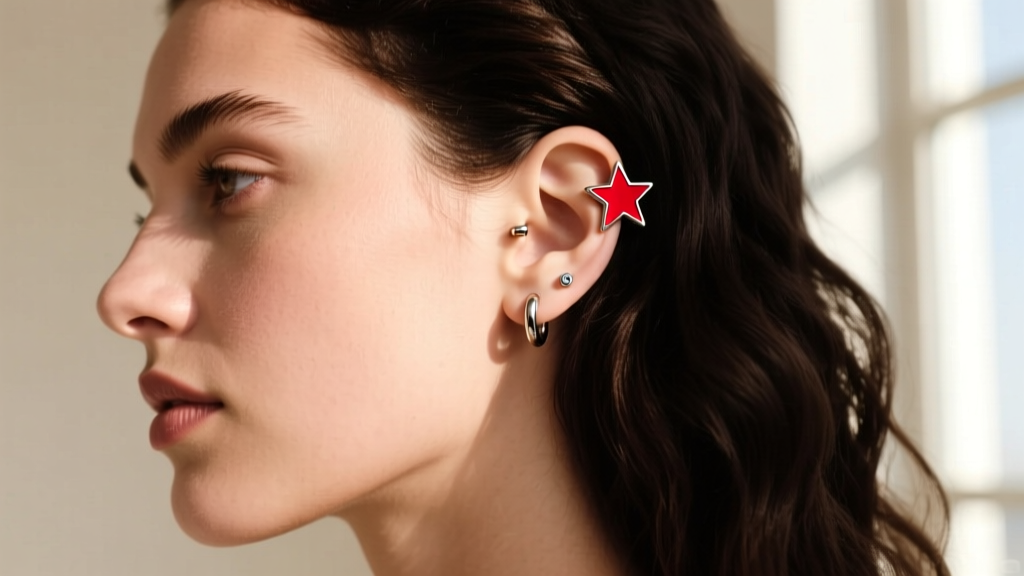 Side profile of a woman wearing a 16-gauge titanium red enamel star cartilage cuff on her upper helix piercing