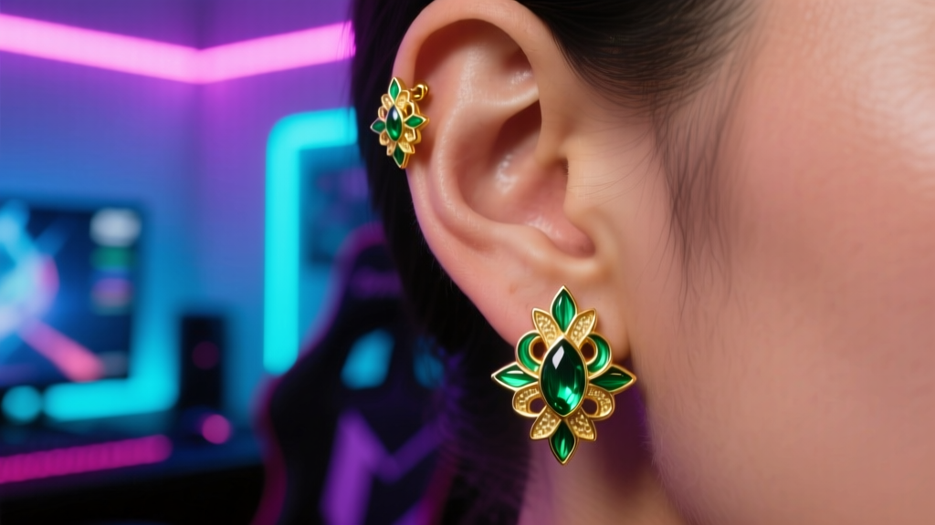 Close-up of gold and green enamel Potara earring replicas worn on earlobes, set against a soft neon-lit gaming room background