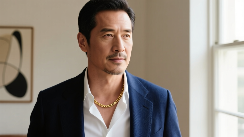 Man in a navy blazer and open-collar shirt, showcasing a subtle 2mm 18k gold chain resting just below the collarbone