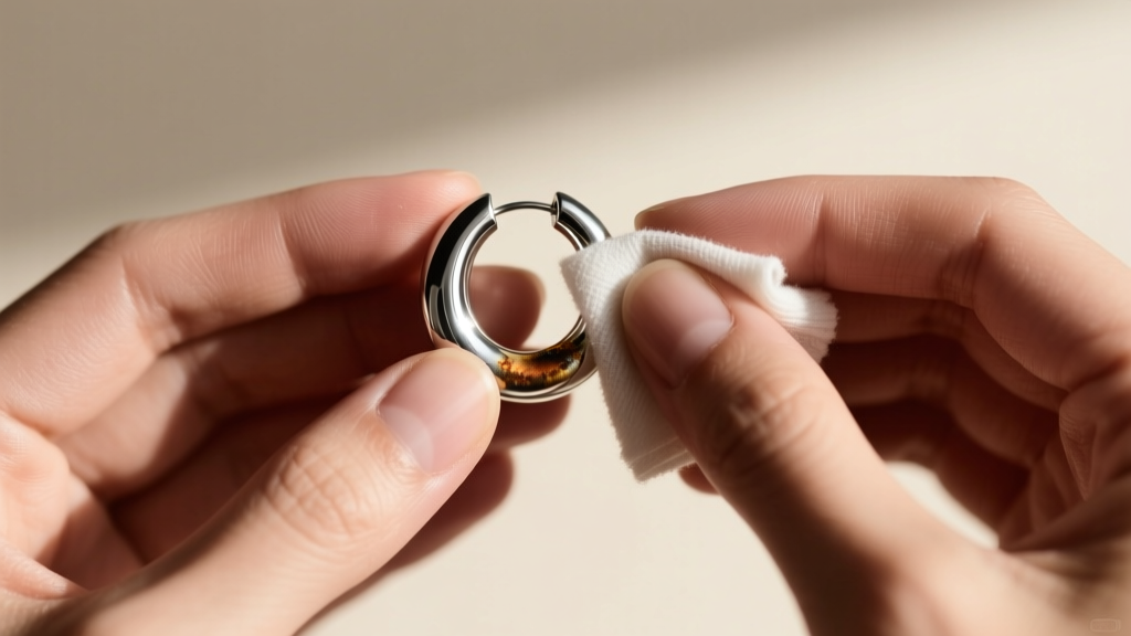 Hands polishing a tarnished silver huggie earring with a microfiber cloth, showing the before-and-after shine contrast.