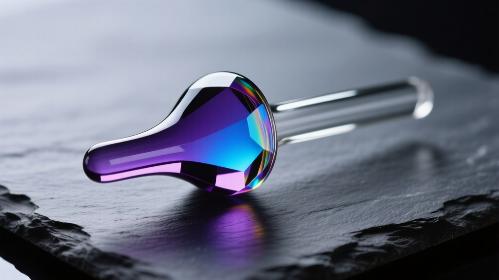 Macro shot of an 8g borosilicate glass plug with vibrant dichroic fuming, resting on dark slate under dramatic side lighting