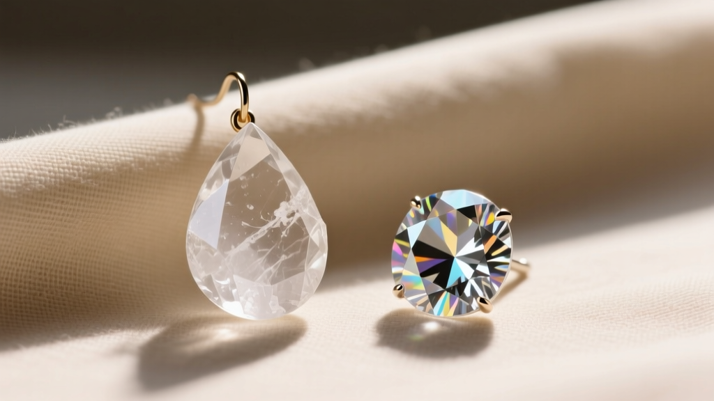 Side-by-side view of a raw uncut clear quartz drop earring and a precision-faceted quartz earring resting on soft beige linen.